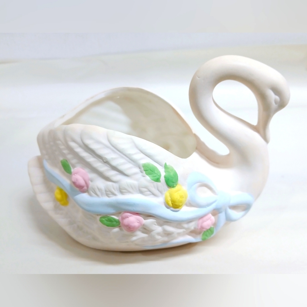 Vintage Ceramic Swan Planter with Pastel Accents